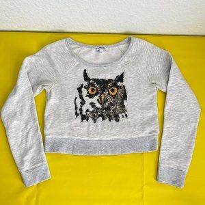 Express Cropped Sweater with Sequin and Lace Owl, Heather Gray/Cream, Size XS